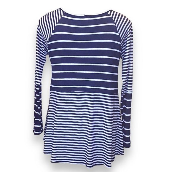🎈Sun & Moon Blue White Striped Long Sleeve Tunic Top Raglan Sleeves Lightweight - Picture 4 of 6